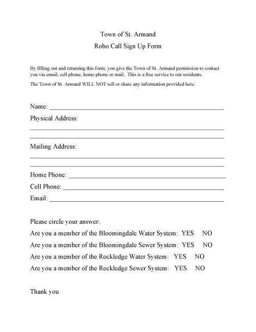 Robo Call sign up form St Armand 2026
